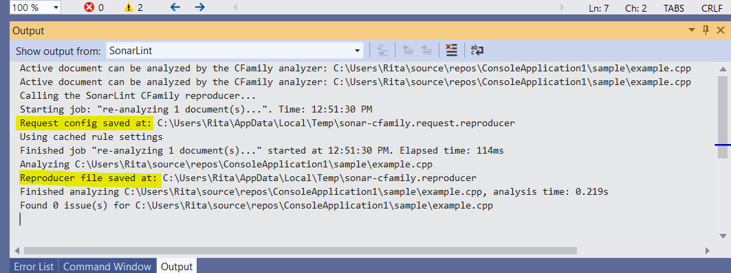 Where you can find your Reproducer file in SonarLint for Visual Studio v4.27. 