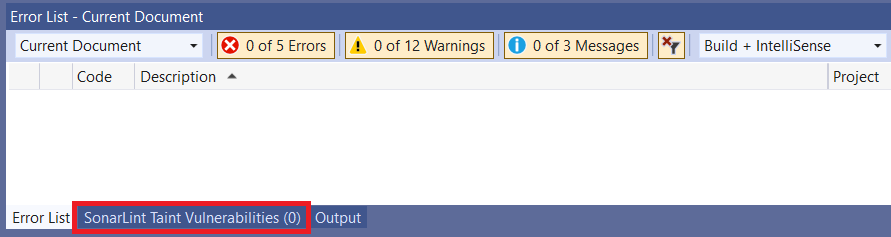 SonarLint will display taint vulnerabilities in the Visual Studio error list.