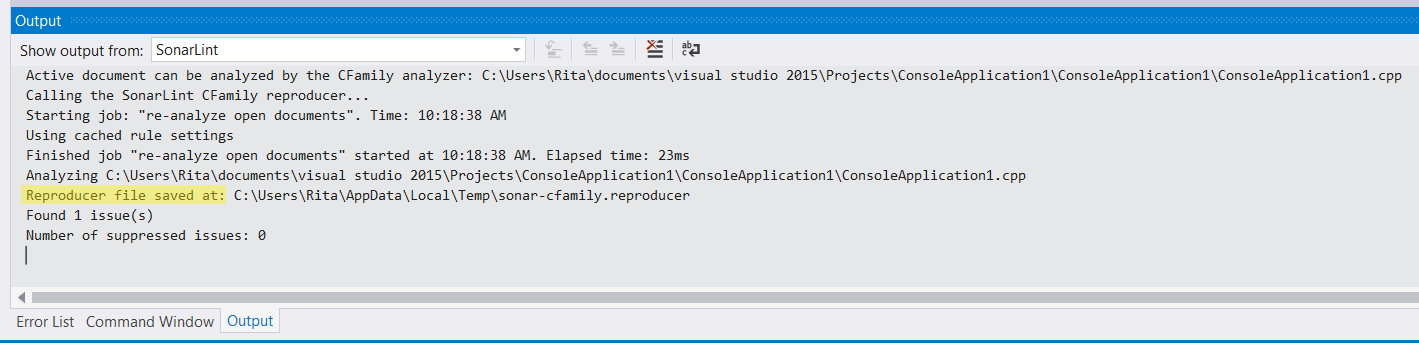 Where you can find your Reproducer file in SonarLint for Visual Studio v4.21-v4.26. 