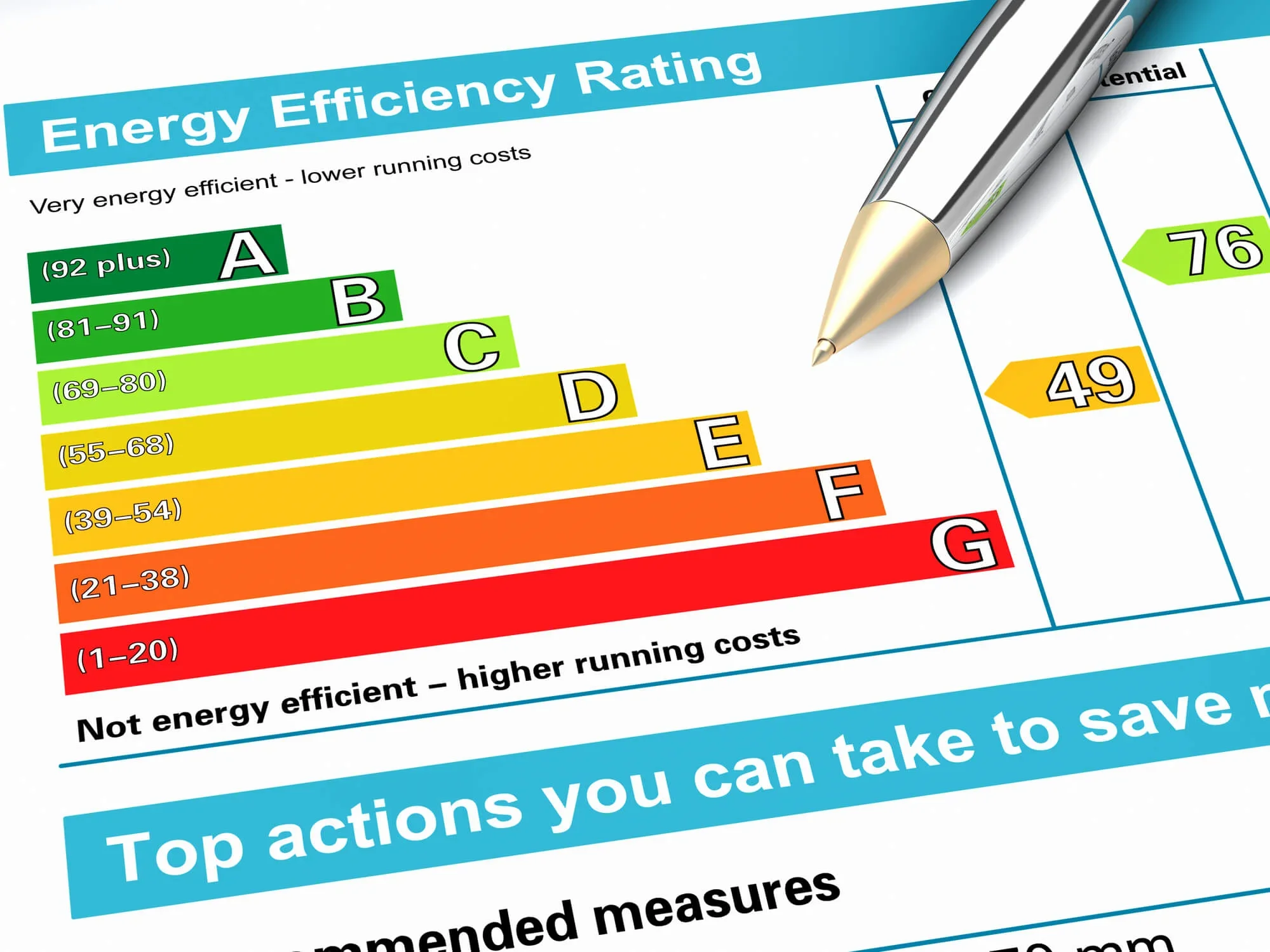 An Energy Performance Certificate showing energy efficiency ratings from A to G