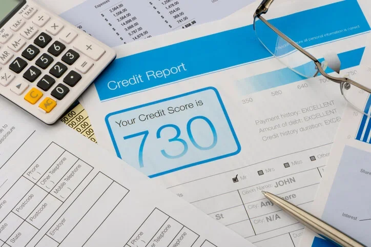 Credit report form on a desk with other paperwork. There are also a pen, glasses and a calculator on the desk