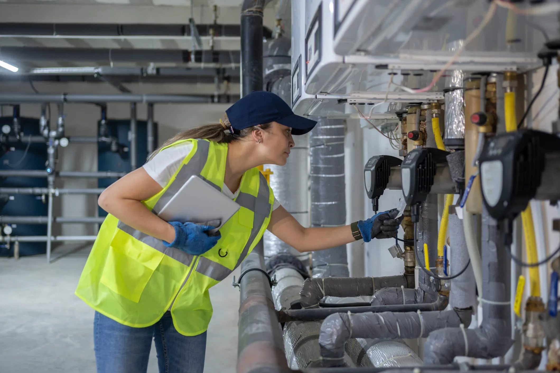 Technician Checking Heating System for energy efficiency In The Boiler Room With Tablet In Hand