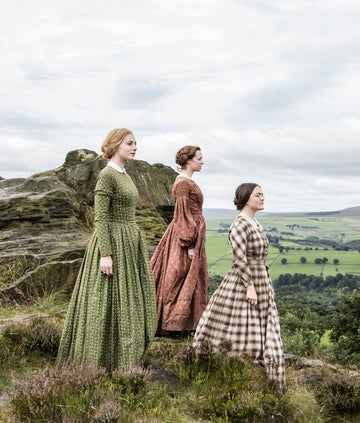 The Bronte sisters stand on the top of a hill, from BBC series To Walk Invisible