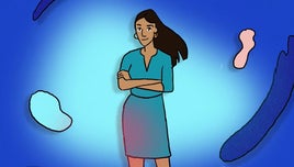 An illustrated woman stands against a blue background