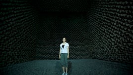Helen Czerski in a sound chamber for soundwaves series BBC/OU