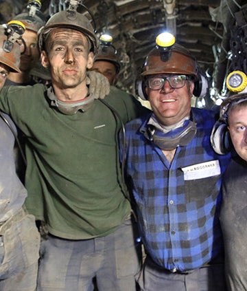 Ed Balls with miners in Poland
