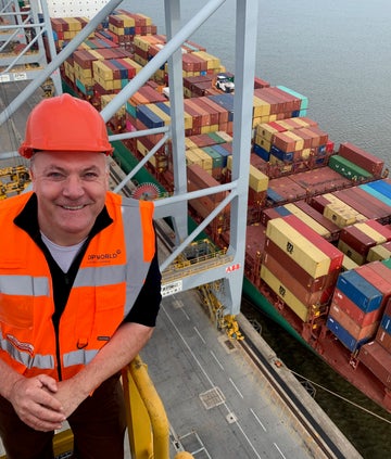 Ed Balls on a crane at the docs, BBC What Britain Buys and Sells In A Day