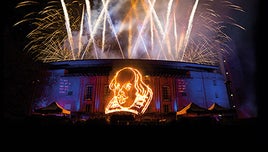 An outline image of Shakespeare's likeness is lit up, and fireworks go off around it.