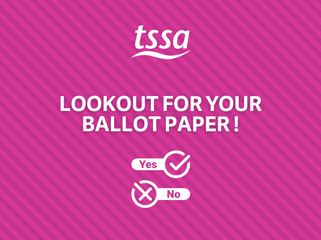 Image shows white writing on pink background 'Look Out For Your Ballot Paper!'