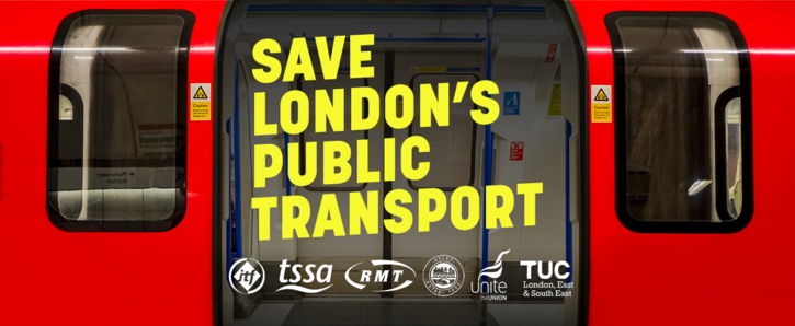 Tube train with doors open and the words: Save London's Public Transport