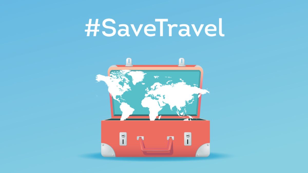 Save Travel campaign image with map and suitcase