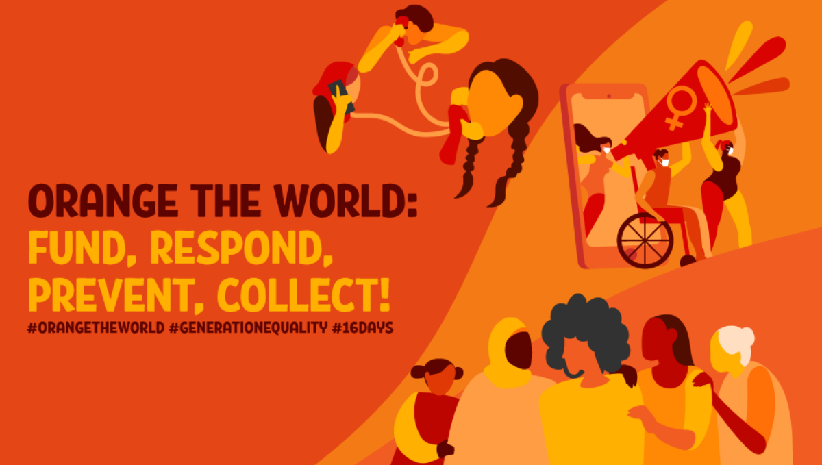 Orange graphic showing different women. Writing: Orange the world: fund, respond, prevent, collect.