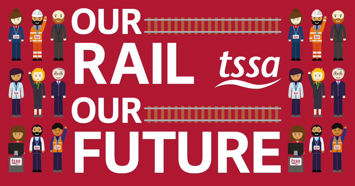 A red background with white text in the middle third. Text reads Our Rail Our Future. On either side are columns of small multi-cultural cartoon people in various train company and Network Rail uniforms.
