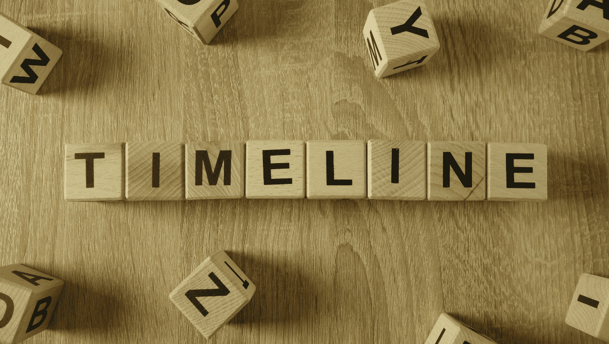 The word 'timeline' spelt out in wooden letter blocks