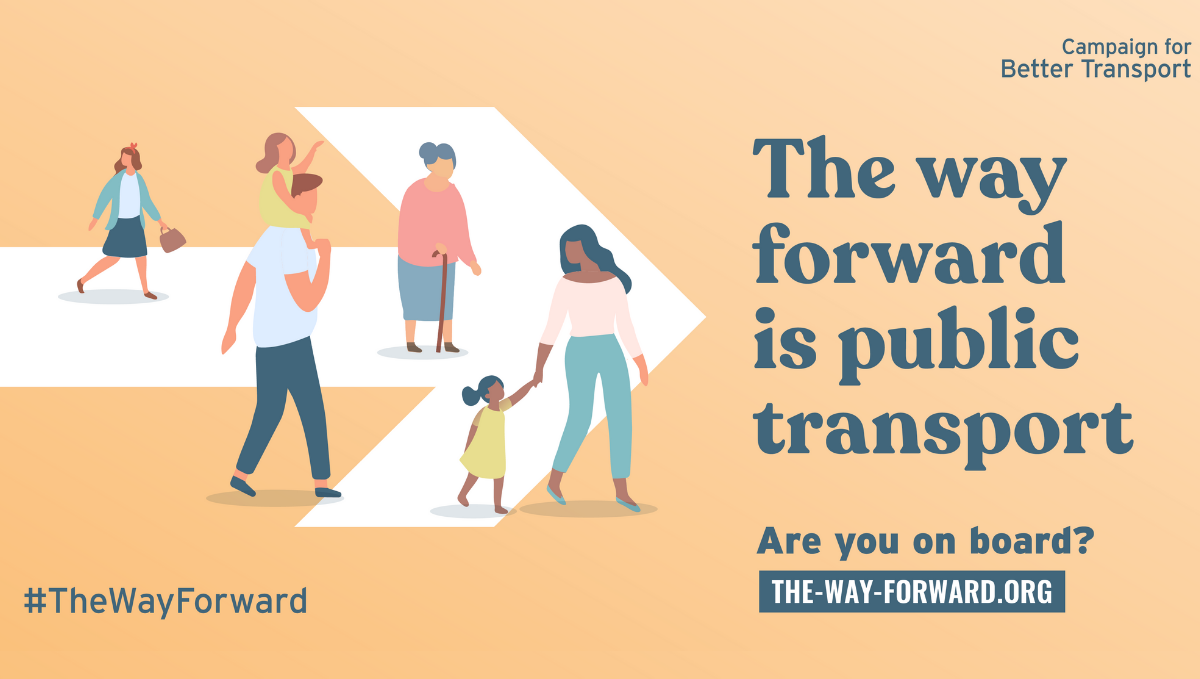 The Way Forwards campaign logo saying: The way forward is public transport. Shows an arrow and cartoon people.