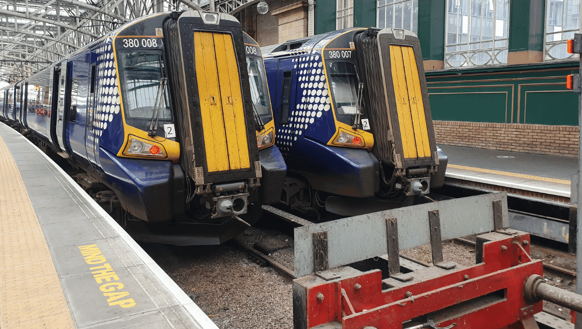 Two Scotrail trains and buffers