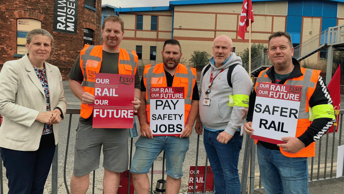 TSSA members on picket line at York ROC holding placards with Rachael Maskell MP