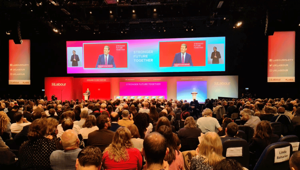 Keir Starmer addressing Labour Party conference hall 2021