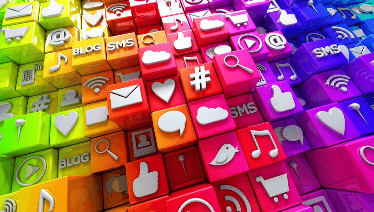 Social media image showing different platforms' logos and related icons
