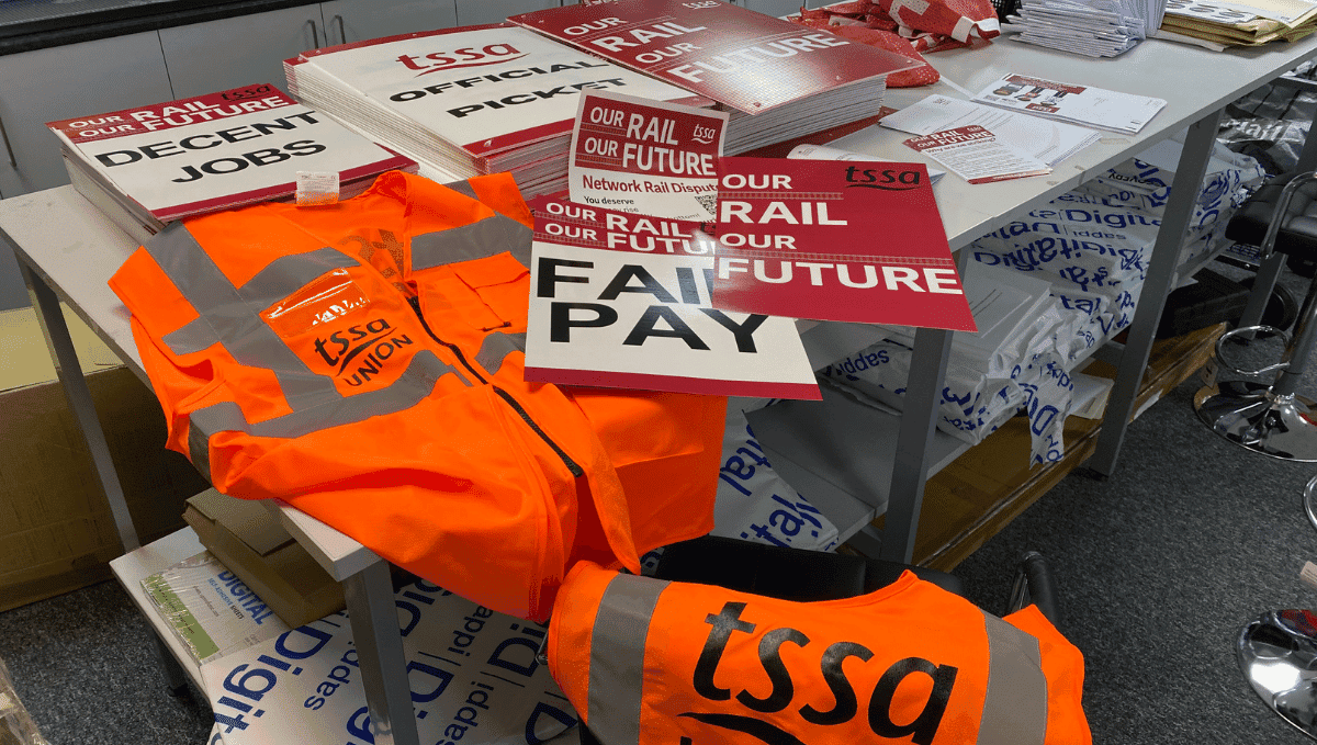 TSSA high vis jackets and placards for use on a picket line