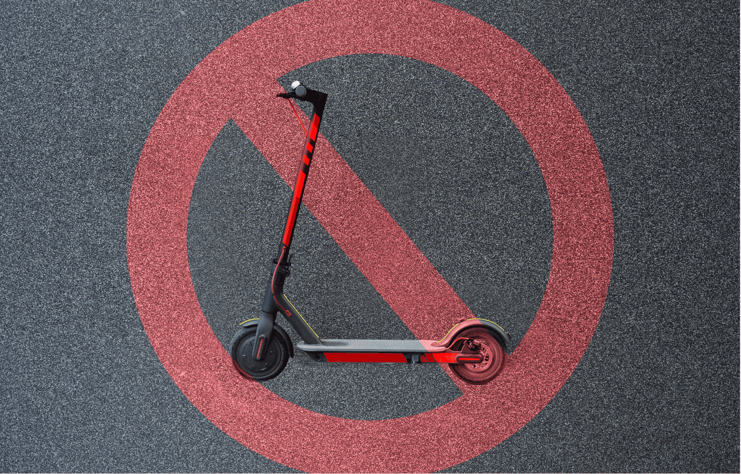 Photo of an e-scooter with red line or 'no' sign stamped on the top of it.