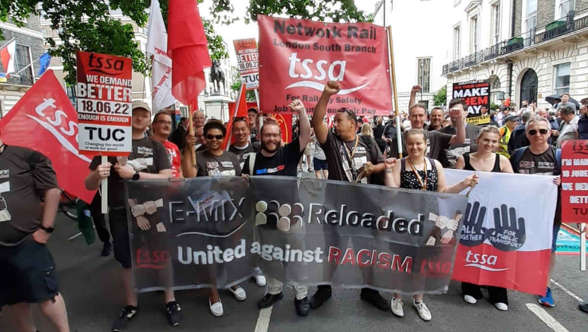 TSSA members with banners and flags at TUC demo