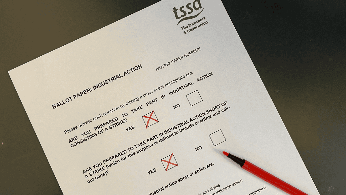 TSSA Ballot paper with red cross in 'yes' box for strike action and action short of strike
