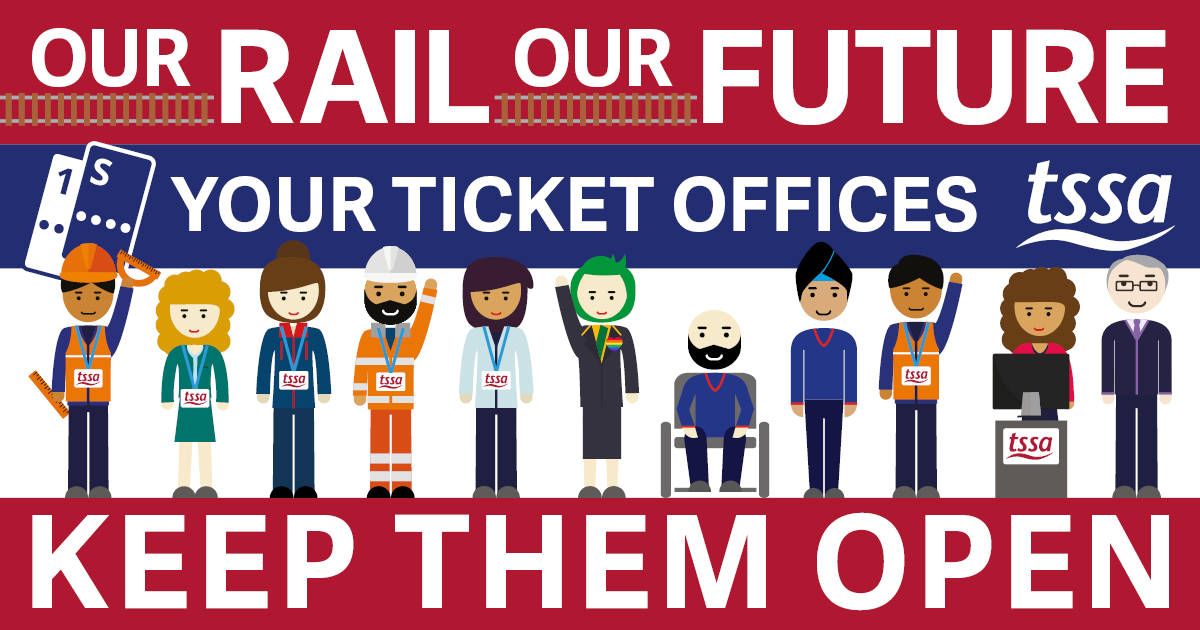 A row of cartoon people in various railway company uniforms. they are a wide range of ages, races and a mix of male, female and non-binary. One is in a wheelchair, another has an LGBT + pride flag badge. One has a hijab and another is wearing a turban. Text reads 