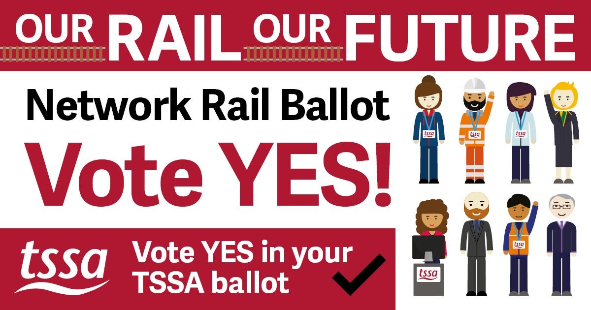 Our Rail our Future meme for sharing on Social Media with text saying "Network Rail Ballot Vote YES" and cartoon people.
