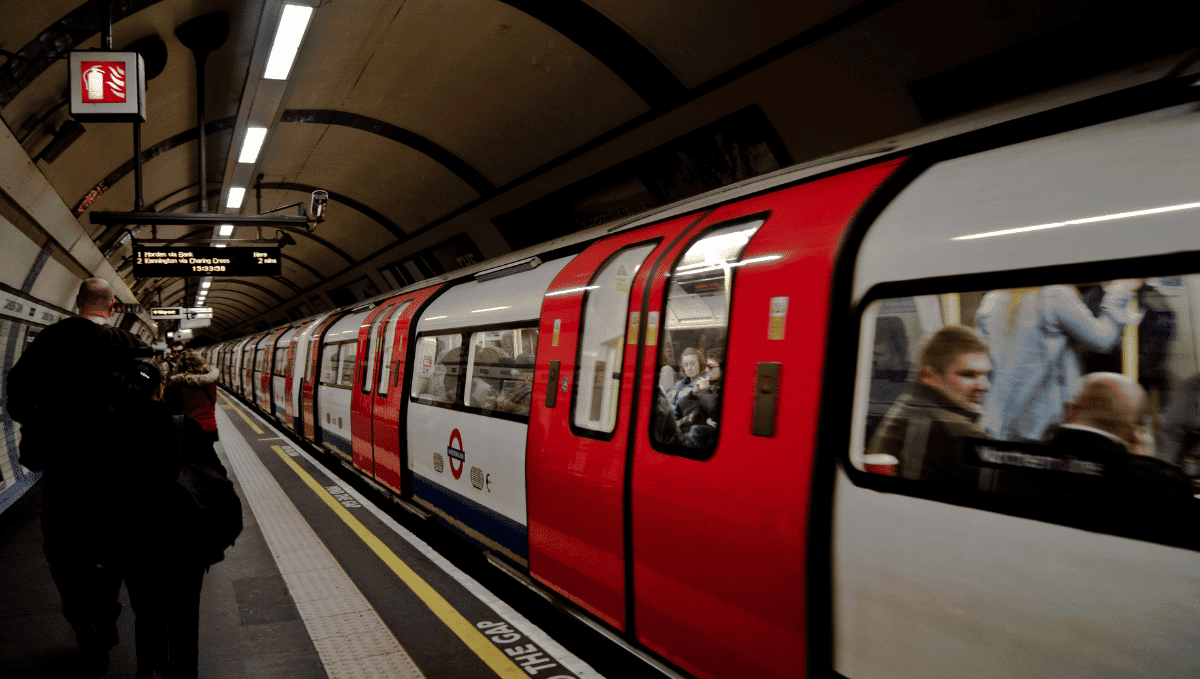 Tube train at underground station with doors closed