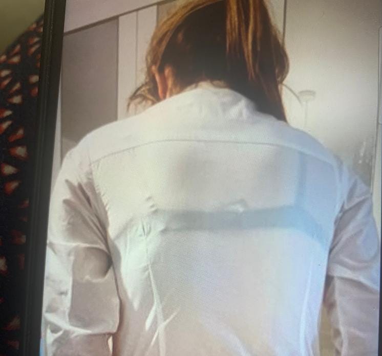 The back of a woman wearing a translucent white blouse through which a black bra strap is clearly seen. She has white skin and brown hair.