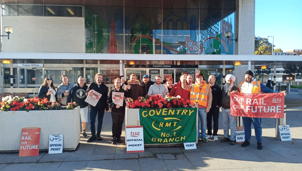 Coventry picket line with banners