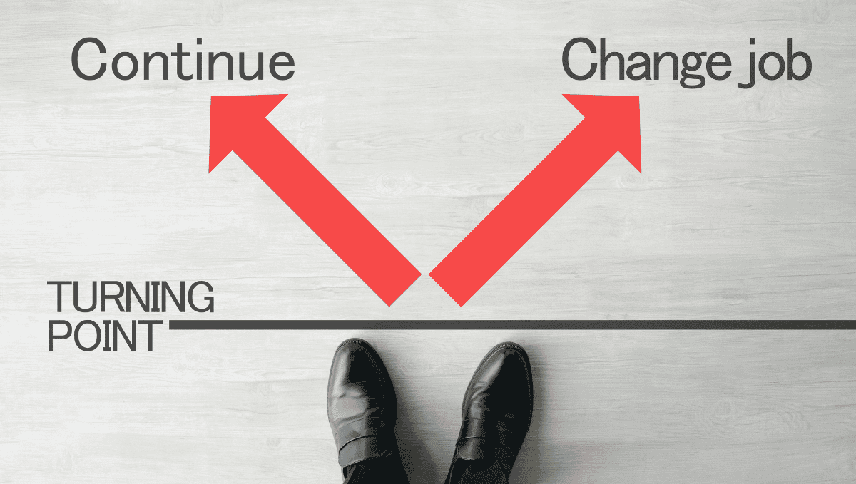 Job change image showing feet standing at a 'turning point' with two arrows, one pointing to 'continue' another to 'new job'.