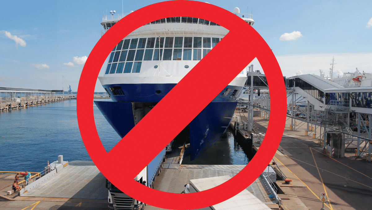 Ferry with red 'no entry' circle and line through it representing boycott.