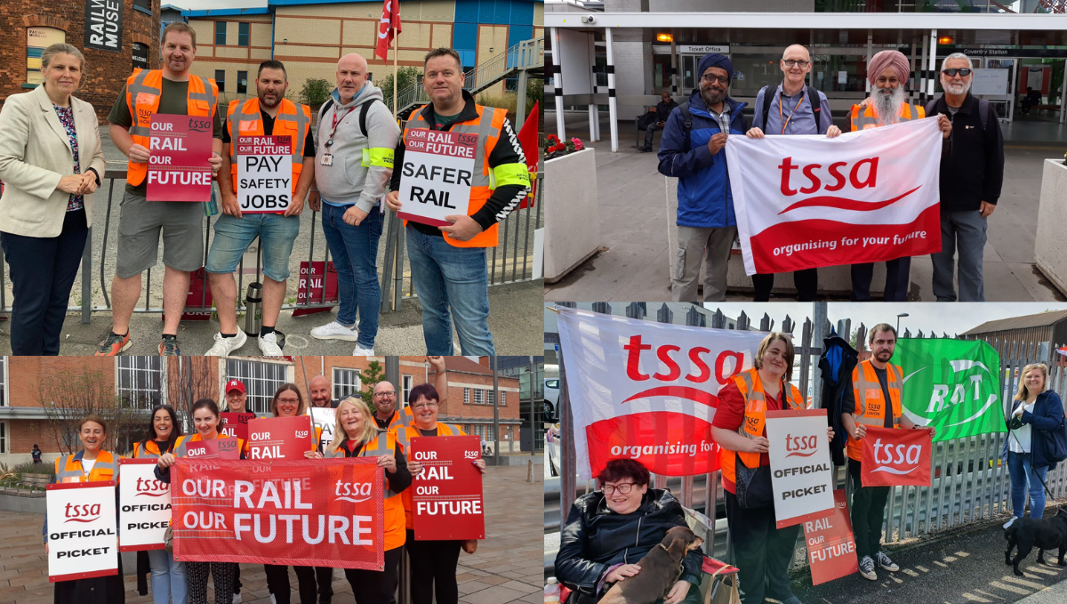 Picket line montage showing York, Coventry, Derby, Doncaster