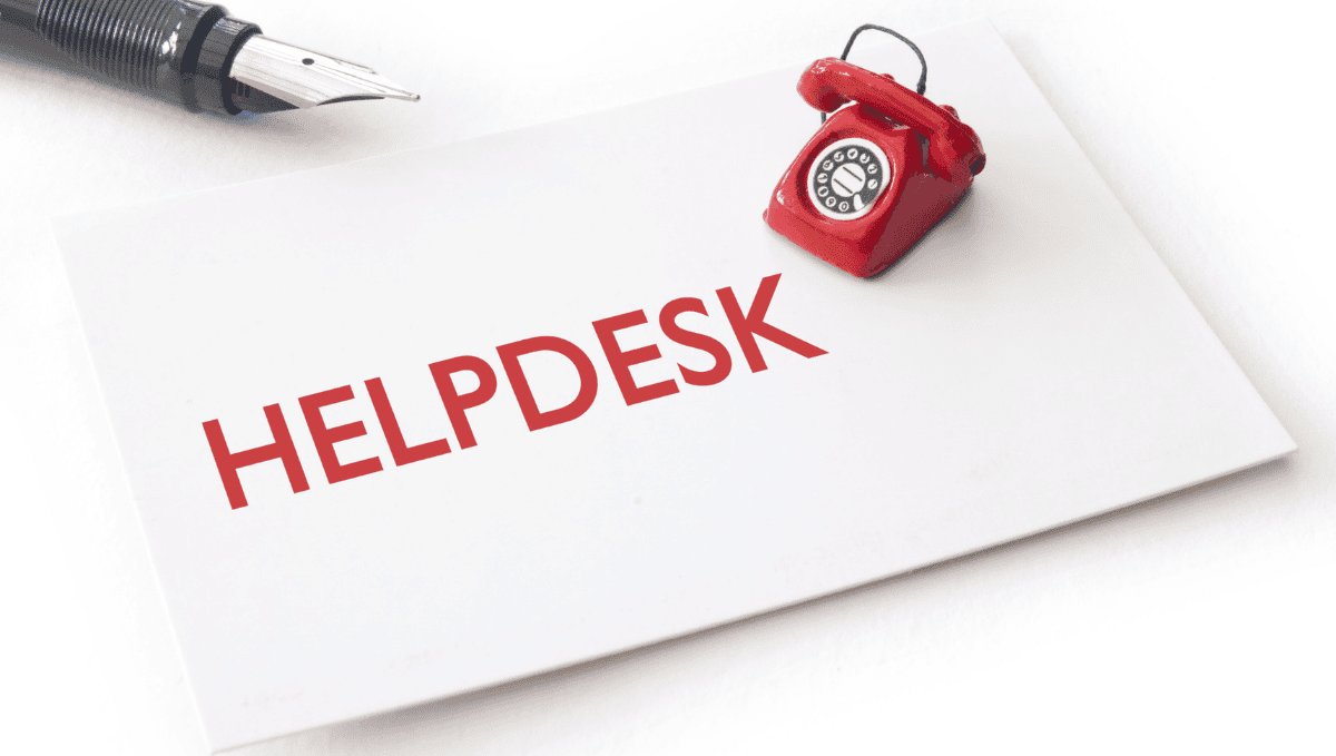 Card saying 'helpdesk' with red phone and pen