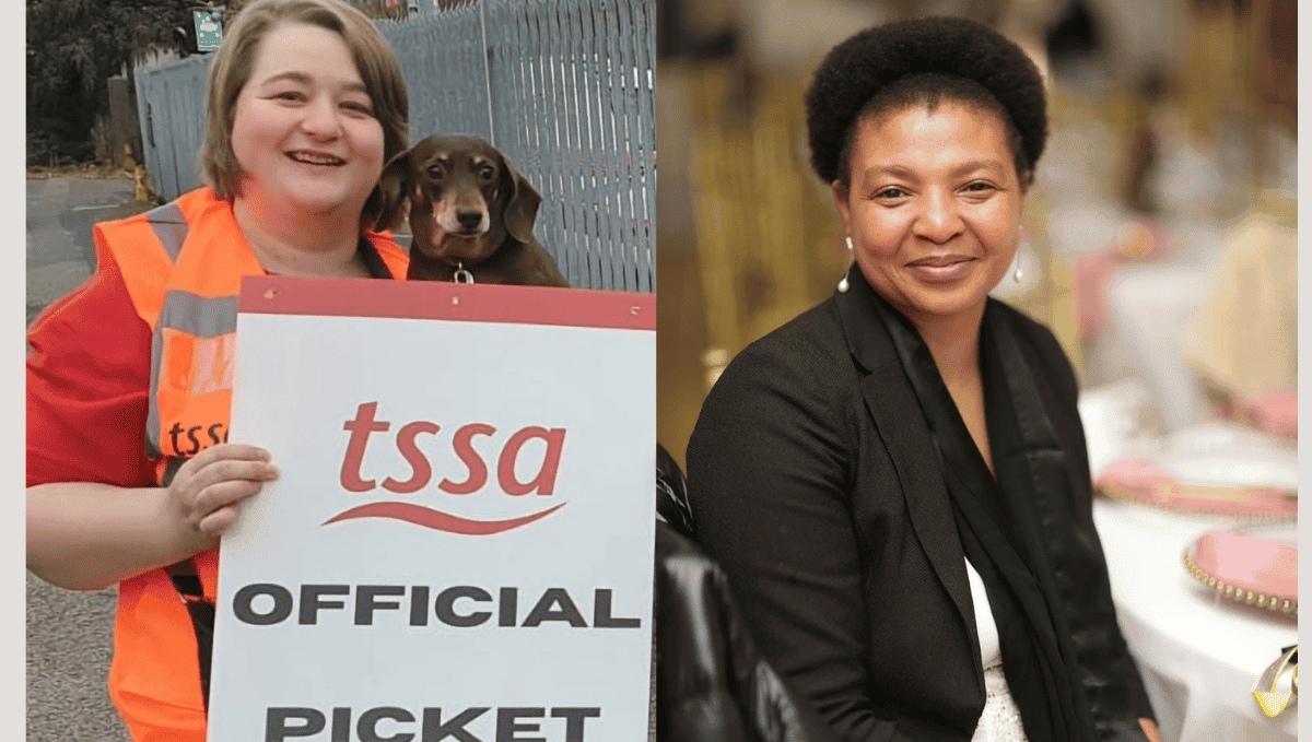 Pictures of two women trade unionists, side by side. On the left, Melissa Heywood, a white woman with brown hair in a hi-vis vest holding a large sign saying "Official Picket". On the right, Mary Sithole a black woman with a natural hair style, smiles at the camera. She is wearing a black and white dress, with a black jacket and seated at a table with a white table cloth and pink formal tablewear.