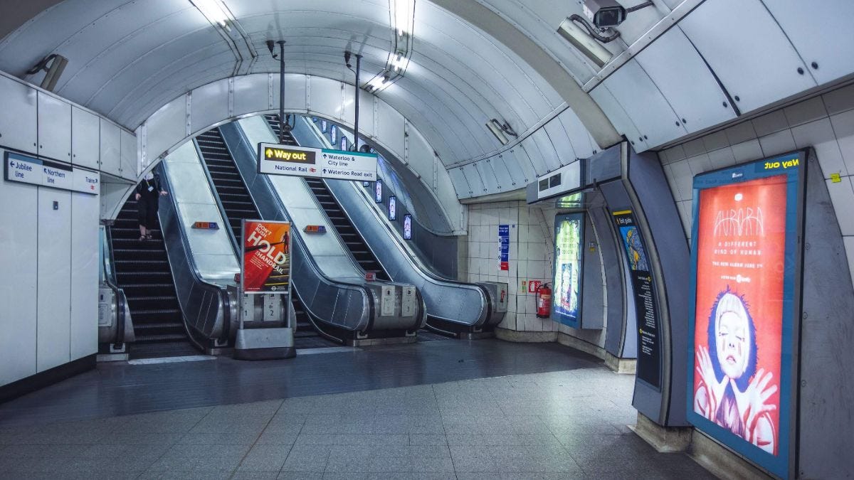 Waterloo underground tube station escalators and walkway