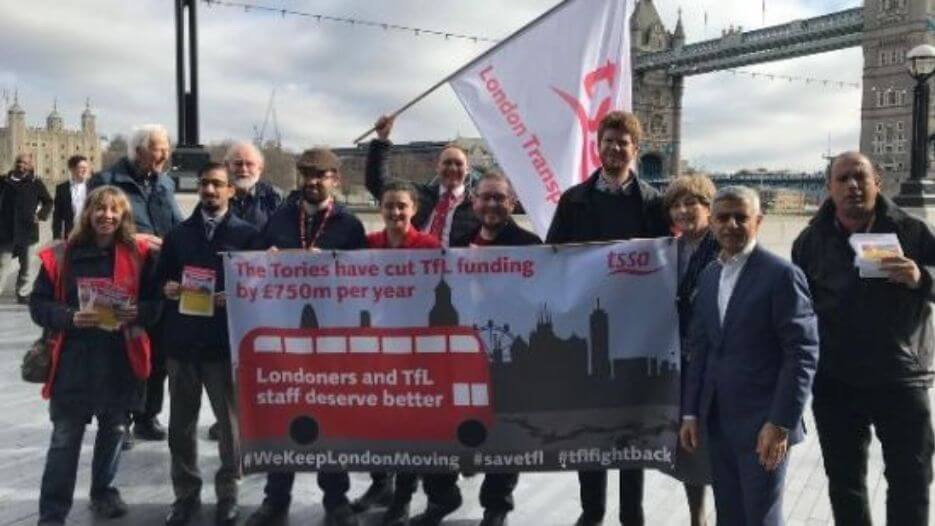Sadiq Khan and TSSA Activists protest over cuts to TfL funding at Tower Bridge