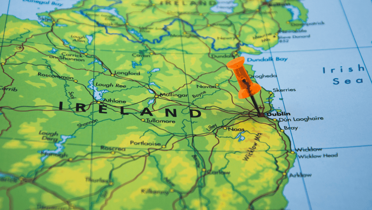 Map showing large section of Ireland with a pin in Dublin