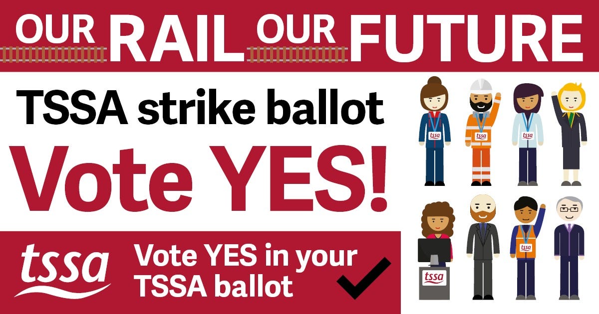 The top third is a red background with white text. The text reads Our Rail Our Future. Both "ours" are underlined with gold railtrack.
The middle third is white with red and black text which reads "TSSA strike ballot Vote Yes!   
There is a cutout panel with a white background in which are 8 cartoon figures in railway uniforms from many different cultural and ethnic backgrounds.
The bottom third is read with white text reads "Vote YES in your TSSA ballot". There is a black tick next to the text.
