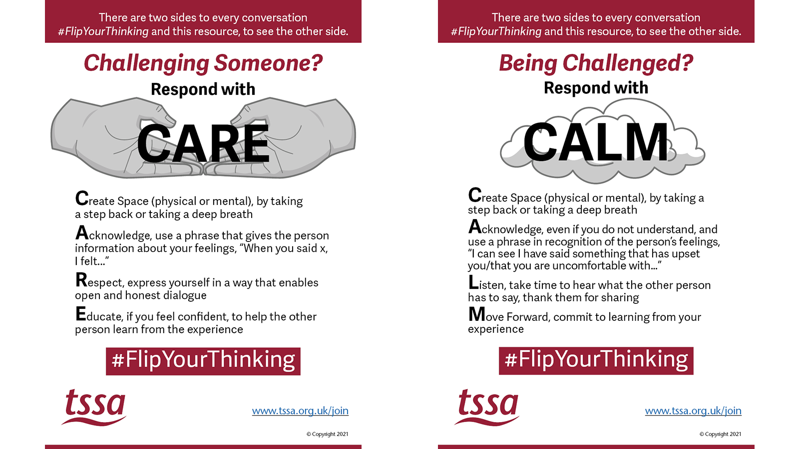 A 2 sided leaflet, one side has two hands holding the word Care, the other has a cloud with the word Calm superimposed. 
