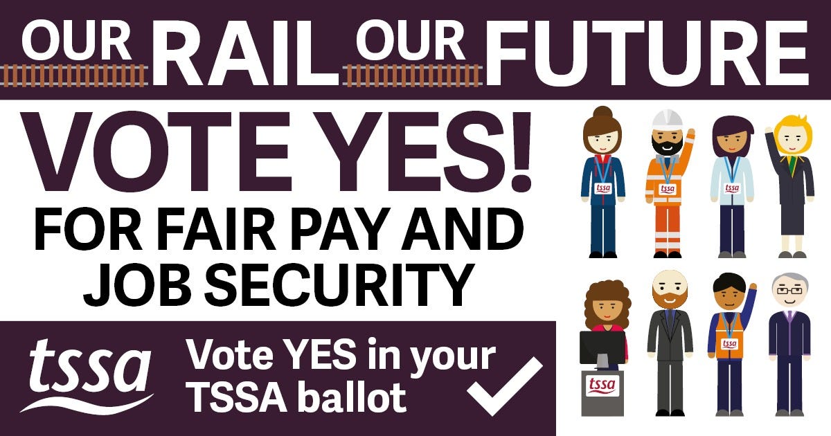 Our Rail our Future meme with Vote Yes for fair pay and job security text and cartoon people
