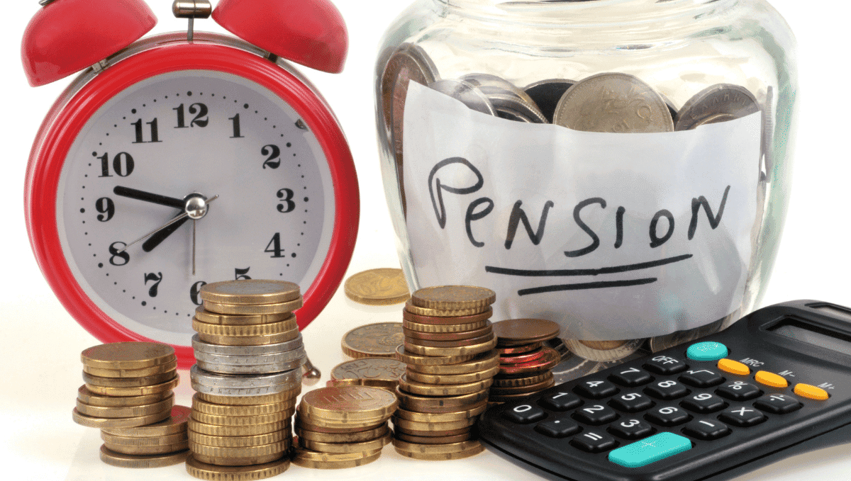 Pension image showing clock, calculator and savings jar. Canva