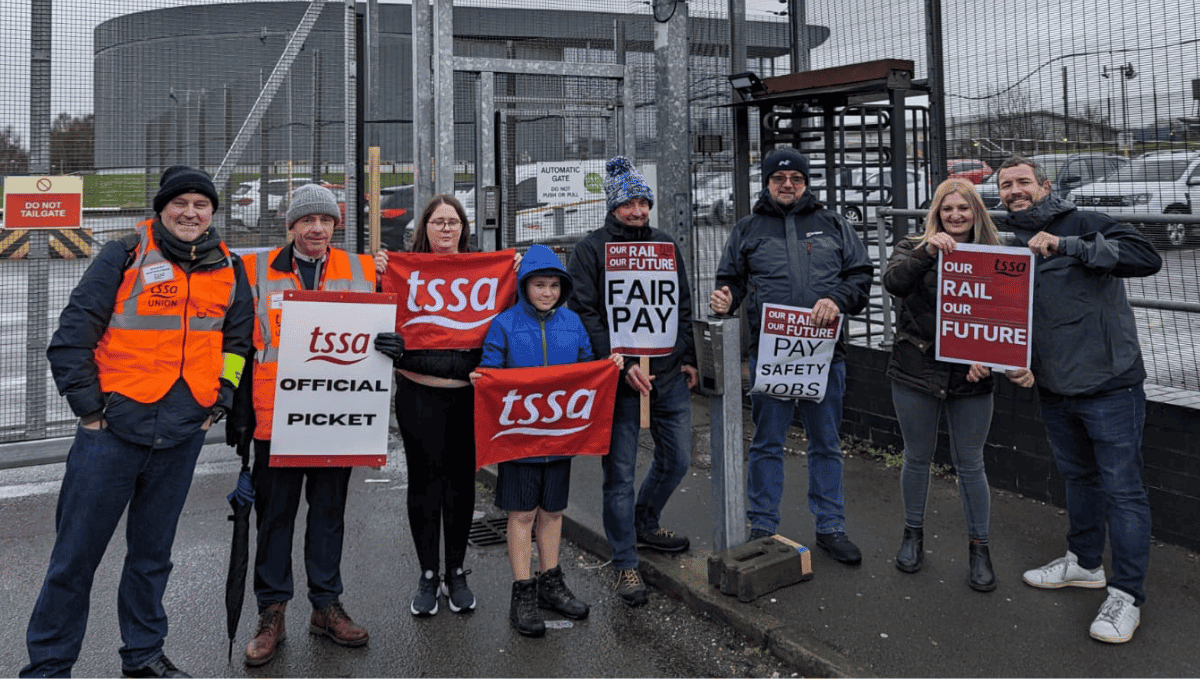 Picket line outside West Midlands signalling centre with TSSA banners and placards during WMT strike 