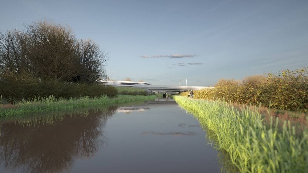 High speed train blurred moving on Oxford canal viaduct artists impression
