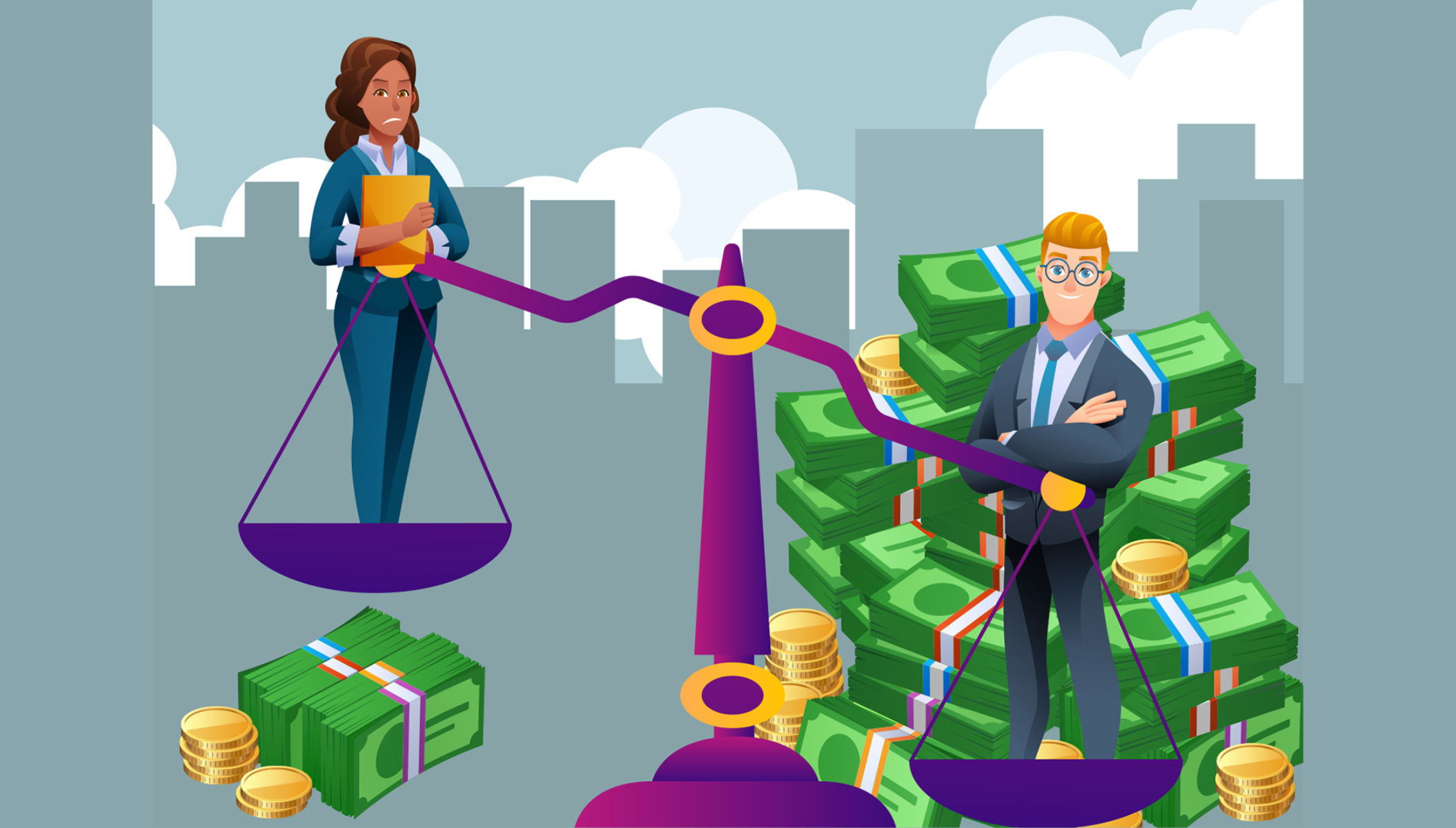 A picture of a white man and a brown-skinned woman standing on a purple set of scales. The scales are tilted heavily, with the man lower and woman higher. Both man and woman are wearing slate coloured suits. Behind them is a pile of money represented by green notes and gold coins. In the background is a city skyline silhouette.