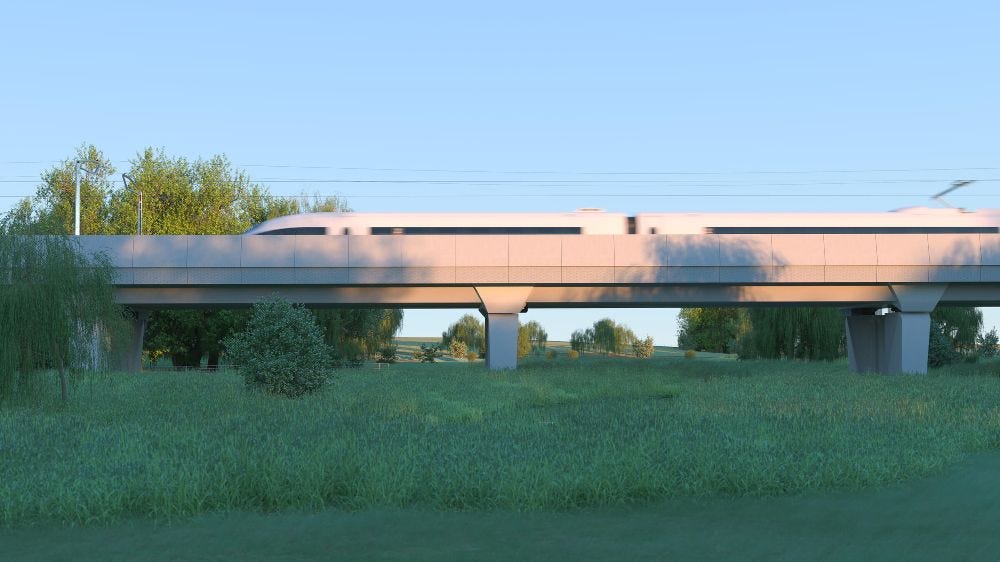 Artists impression of HS2 high speed train on Edgcote viaduct