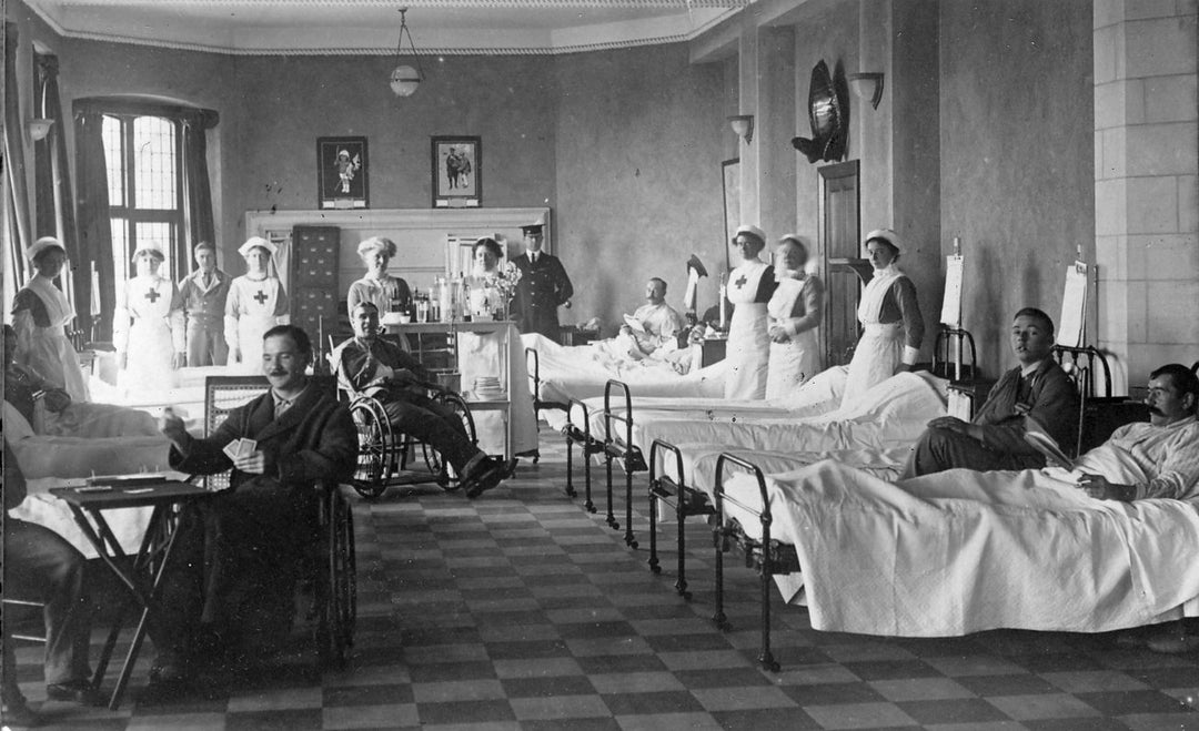 Red Cross nurses and patients at Burton on Trent Town Hall Auxiliary Hospital, Staffordshire.