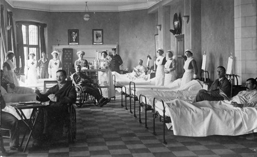 Red Cross nurses and patients at Burton on Trent Town Hall Auxiliary Hospital, Staffordshire. 